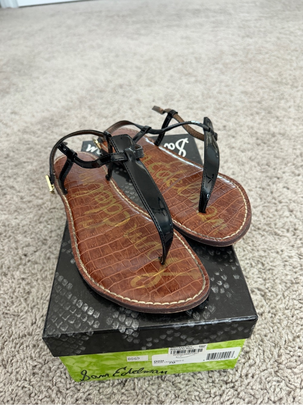 Sam Edelman Black Patent Thong Sandals with Brown Croc-Texture Insole